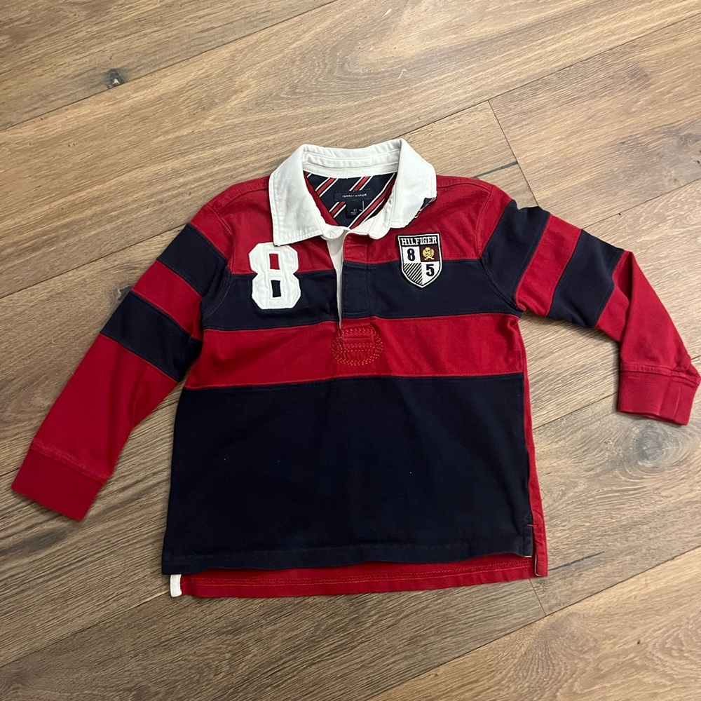 Tommy Hilfiger Red & Navy Striped Rugby Polo with White Collar - Kids Y2K 3t